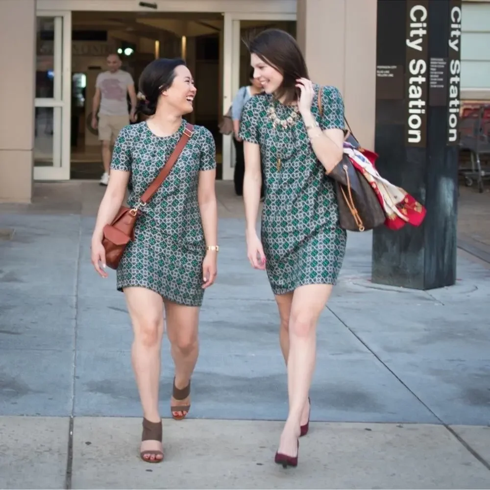 J. Crew Green Swoop Silk Dress Latticework Medallion